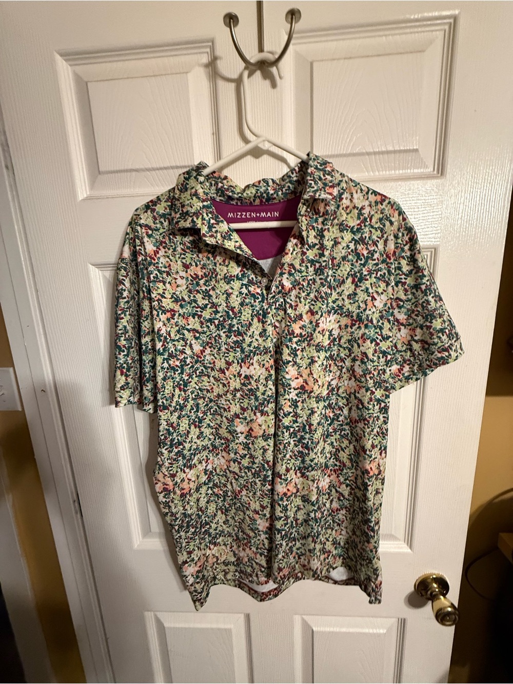 (Trim) Mizzen+Main Floral Short Sleeve Polo in Green and Pink